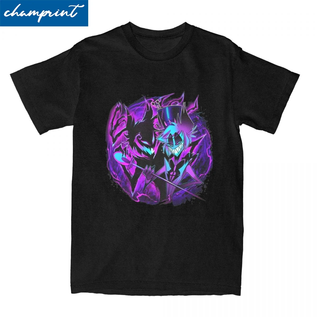 

Casual Alastor And His Shadow T Shirt Men's Cotton Short Sleeve Hazbined-Hotels Crewneck Clothing