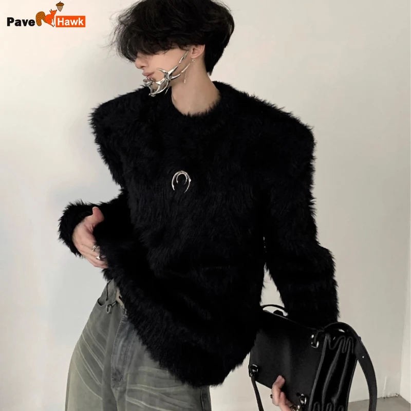 Mink Plush Mens Sweater New Street Hip Hop Round Neck Shoulder Pads Loose Knitted Tops Solid Metal Design Pullover Unisex