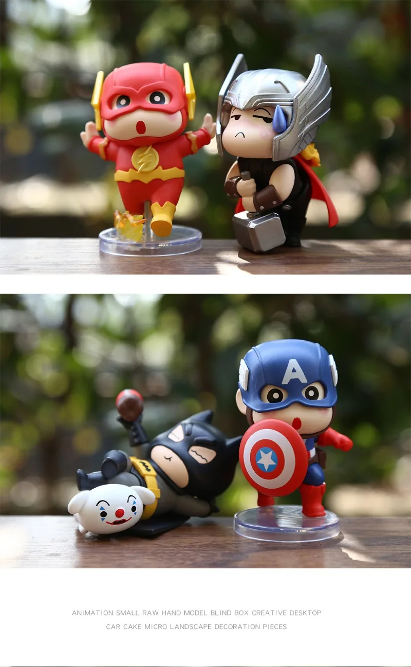 6pcs Set 8cm Crayon Shin Chan Figure Batman Superman The Flash IronMan Captain America Thor Cosplay Model PVC Decor