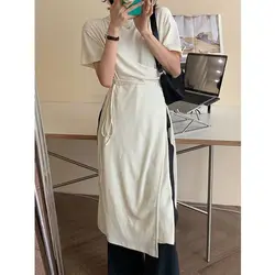 Summer New Lady Korean 2024 Large Size Lacing T-shirt Dress Short Sleeved Long Knitting Forking Solid Color Round Neck Tops