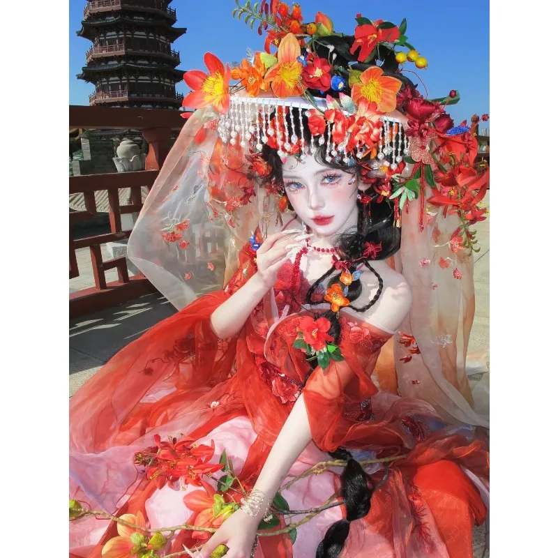 

Northern & Southern Dynasties Hanfu Heavy Rose Embroidery 12 Flower God Wide Sleeve Top & Slip Skirt