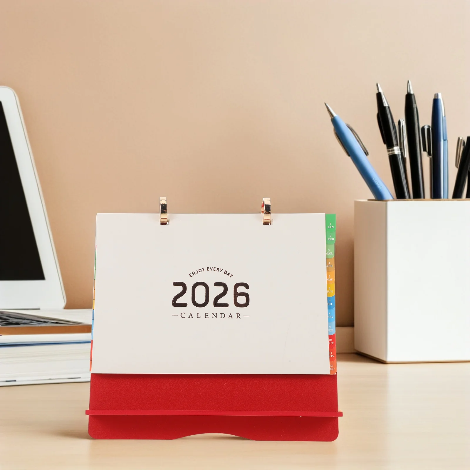 2026 Desk Calendar Standing Schedule Yearly Planner Desktop Monthly Organizer Colorful Tabs Red Wood Desk Calendar