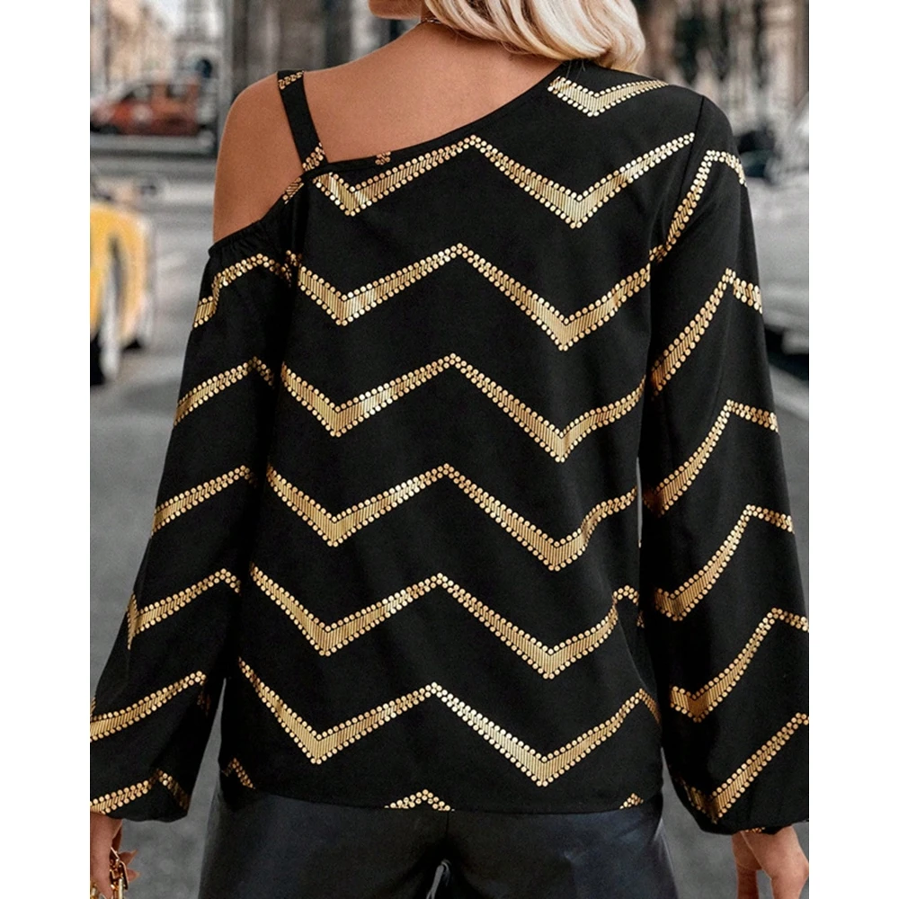 New Women's Bronzing Chevron Print Top Summer Chain Strap Cold Shoulder Design Blouse Long Sleeve Casual Fashion Shirts Spring