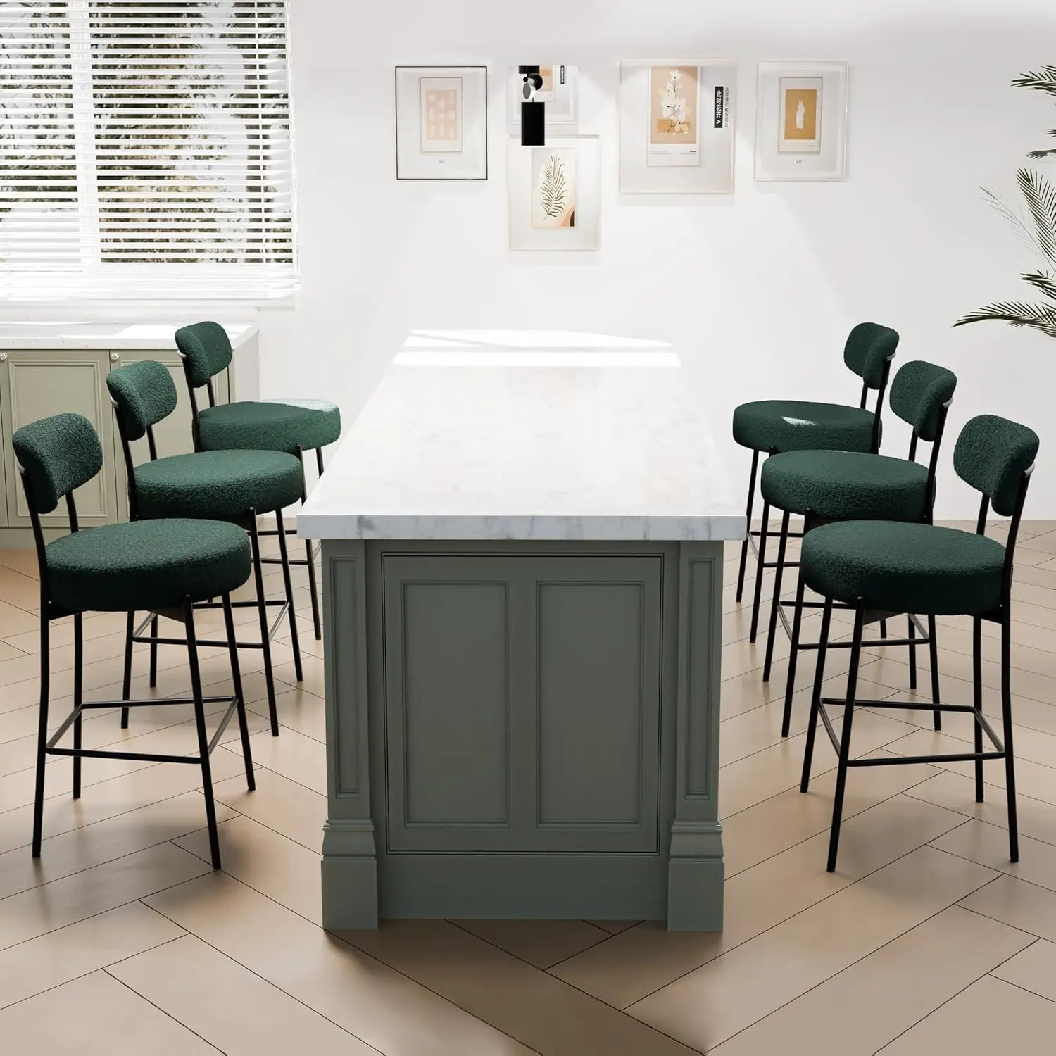 

Набор из 6 барных стульев, темно-зеленый, 28 дюймов, барные стулья со спинкой, современные барные стулья Boucle, металлические высокие, по индивидуальному заказу