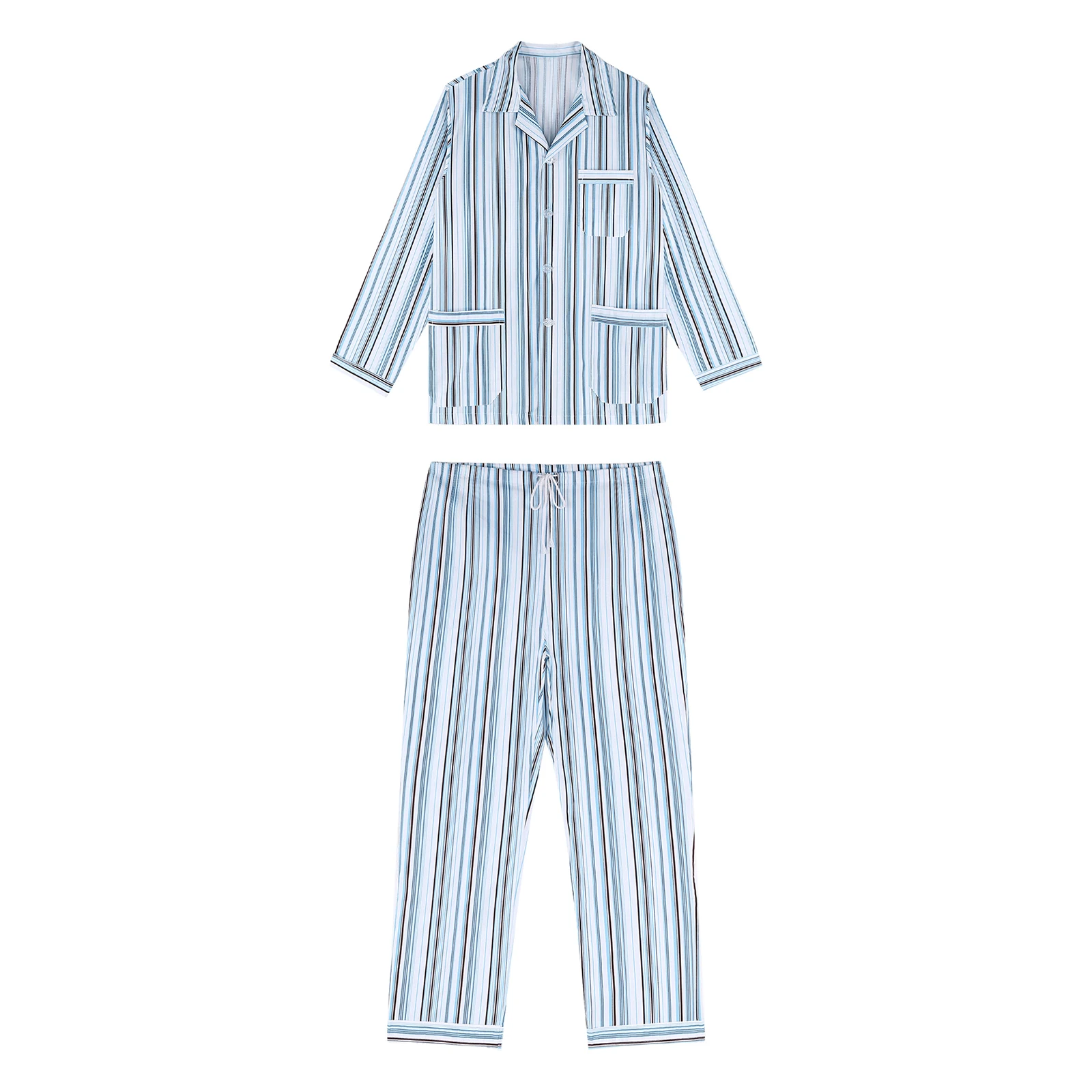 Adult Men Cotton Soft Striped Pajama Set Loungewear Sleepwear Long Short Sleeve Button Down Shirts And Long Pants Set Homewear