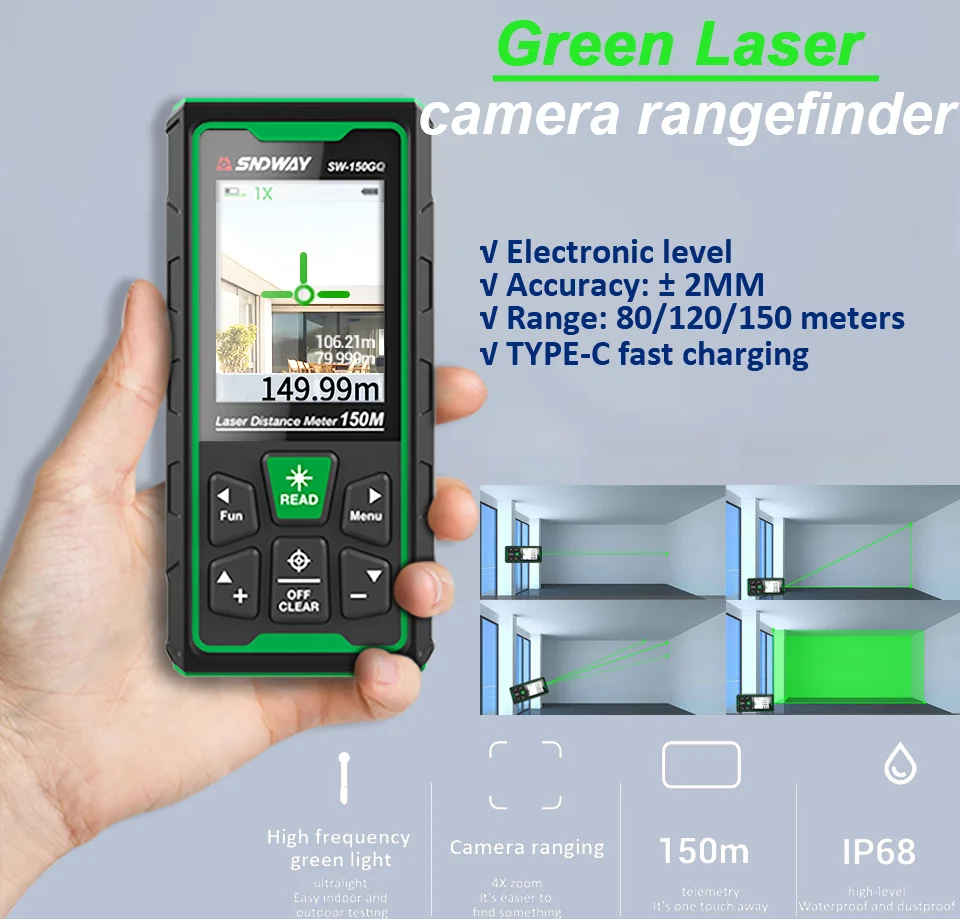 Green Laser Distance Meter 80/120/150M Waterproof Camera Rangefinder Electronic Level Ruler LCD Color Screen Laser Range Finder