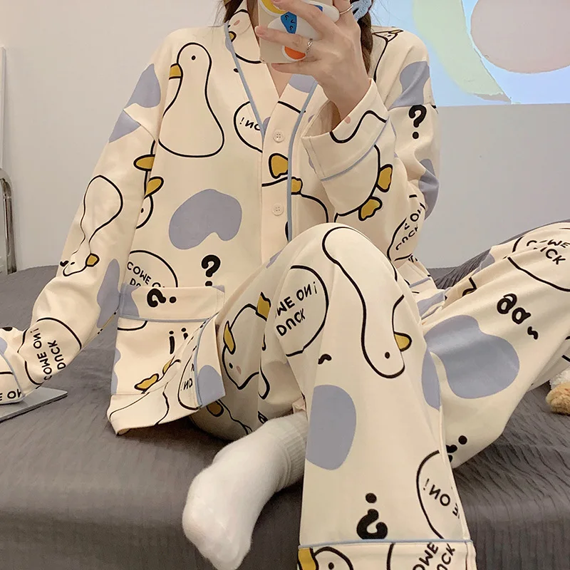Cotton Pajamas Set for Women's Pyjama Suit Printing Long Sleeve Casual Sleepwear Nightwear Soft Home Clothes pijamas de mujer