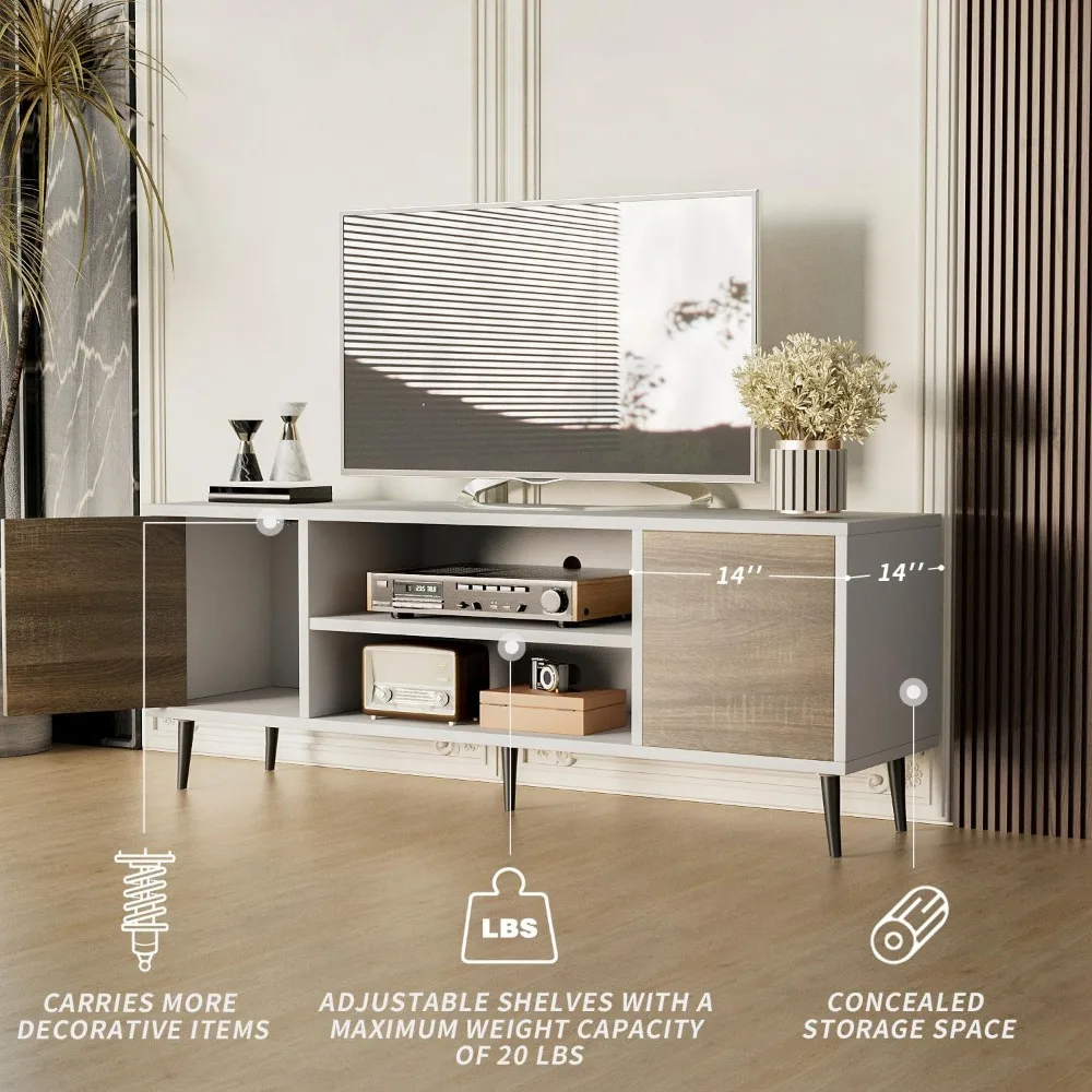 حامل تلفزيون حديث مقاس 65 بوصة من منتصف القرن مع مساحة تخزين وأرفف مفتوحة، مركز ترفيهي