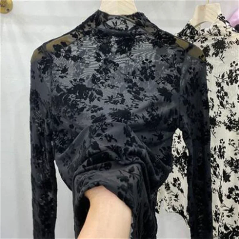 Long Sleeve T-shirts Women Elegant Office Ladies Slim Sexy Vintage Floral Designed Turtleneck New Spring Streetwear Temperament