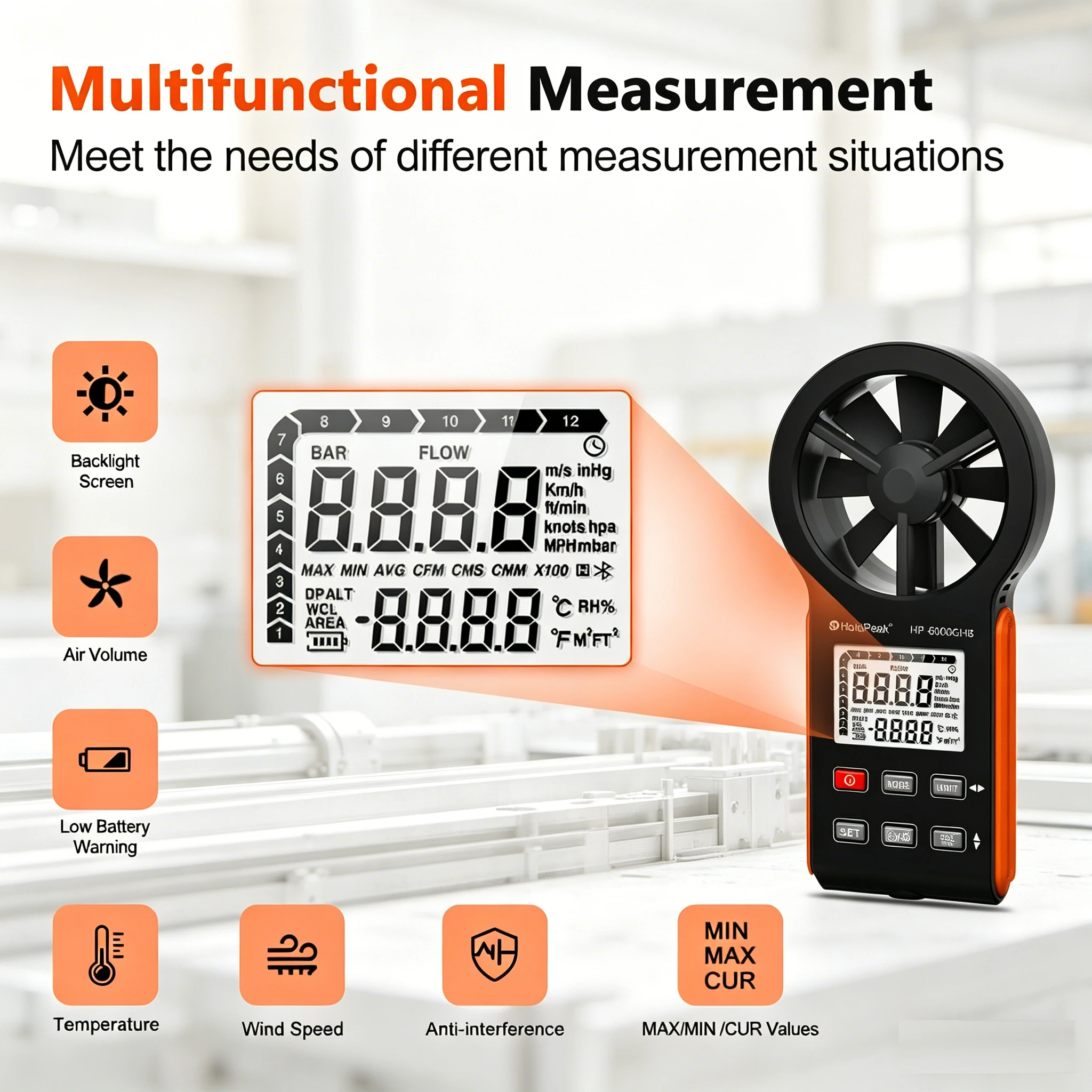 

Digital Anemometer Wind Speed Meter Air Volume Temperature Tester TYPE‑C Rechargeable Backlight LCD Handheld Wind Gauge