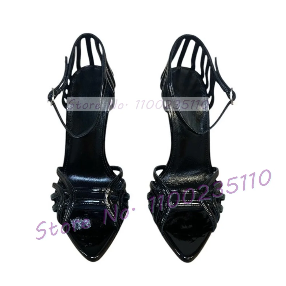 Black Caged Poined Toe Sandals Women Fashion Patent Leather Cross Strap High Heels Shoes Ladies Party Cover Heel Evening Sandals view 6