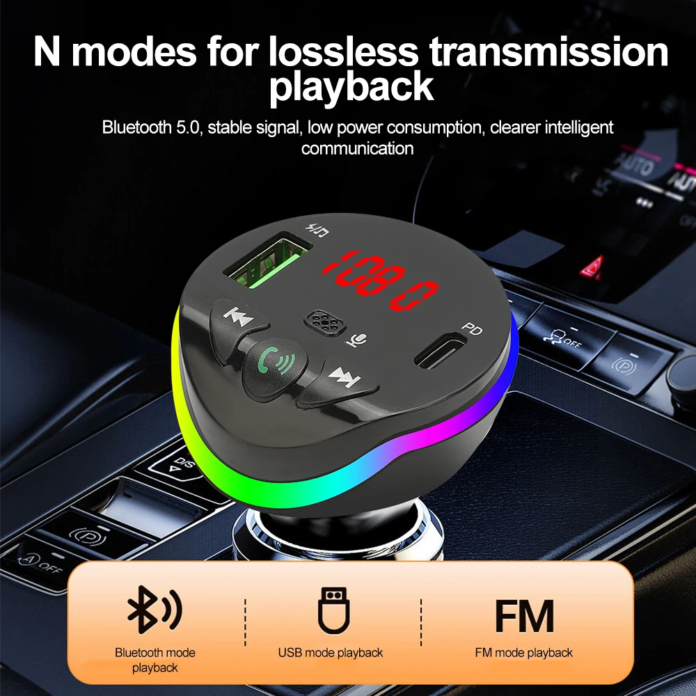 Bluetooth 5.0 FM Transmitter Handsfree Car Radio Modulator U-Disk Aux MP3 Player USB Type C Quick Charge Adapter With RGB Light