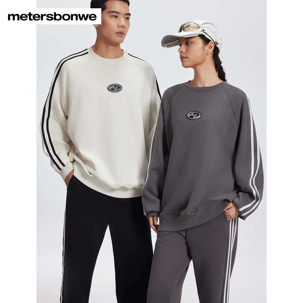 Metersbonwe-Men Women's Crewneck Fleece-Lined Thick Jumper Sweatshirt Raglan Sleeve Loose Pullover Campus Vintage Sports Winter