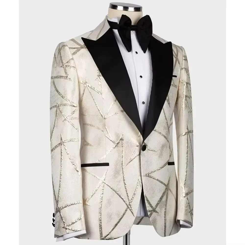 White Geometry Jacquard Suits Men For Wedding 3 Pieces Jacket+Vest+Pants Groom Tuxedo Formal Business Banquet