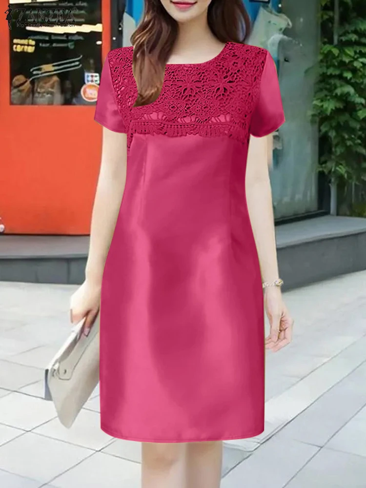

ZANZEA Woman Elegant Lace Patchwork Satin Knee-Length Dresses 2025 Summer O-Neck Short Sleeve Robes Femme Commute Solid Vestidos