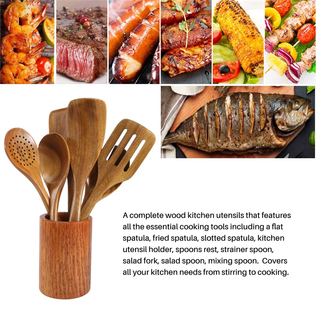 9 colheres de madeira dos pces para cozinhar, utensílios de madeira para cozinhar com suporte dos utensílios, conjunto de utensílios de cozinha de madeira de teca