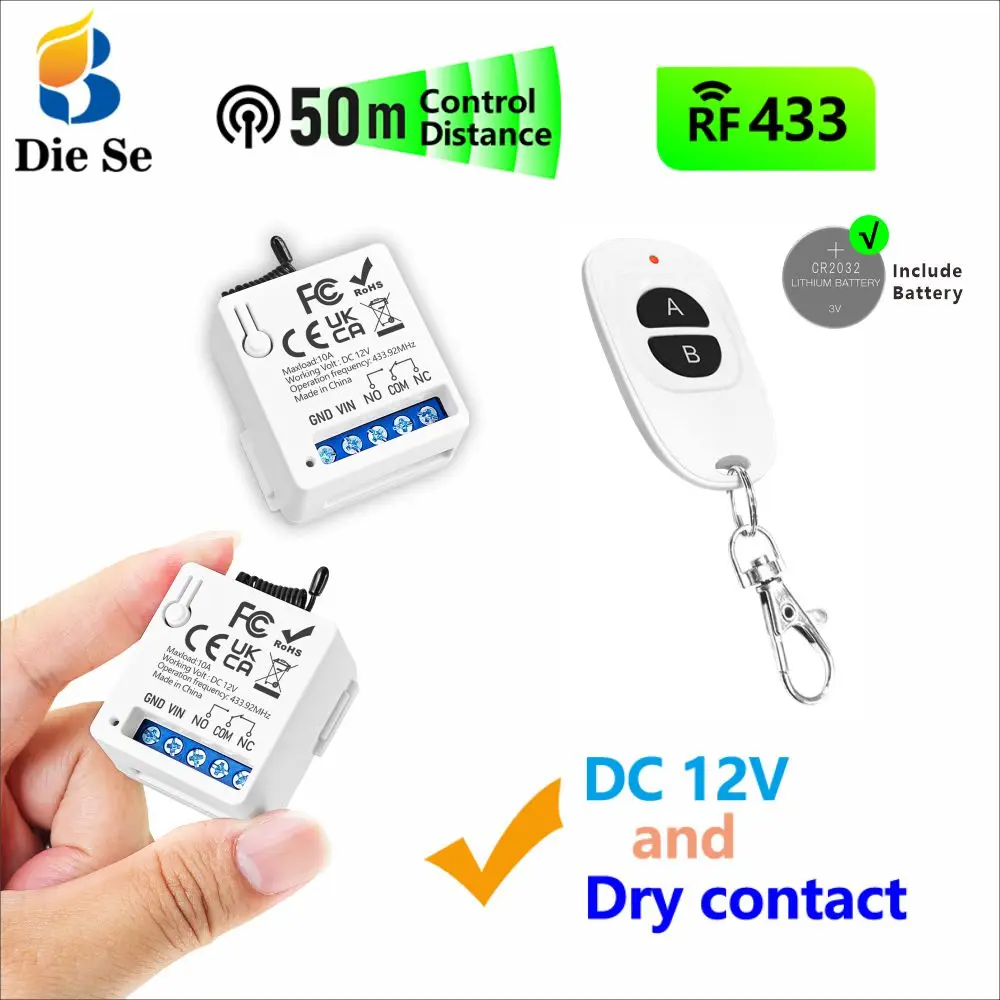 433MHz Funk-Fernbedienungs-Lichtschalter DC 12V 1-Kanal-Trockenkontakt-Relais-Empfänger mit 50m Reichweite für LED-Garagentor-System und Schloss