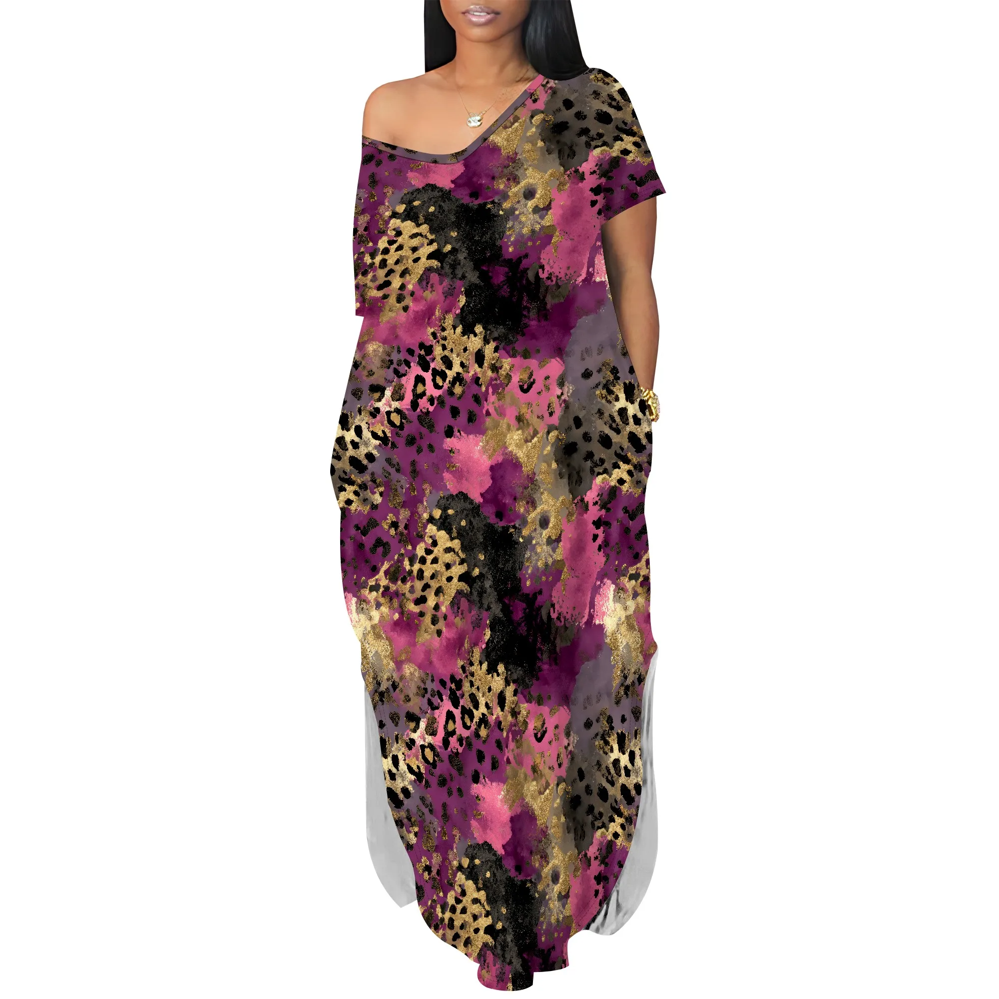 Abito estivo da donna casual a maniche corte con scollo a V, maglietta lunga, maxi abiti da spiaggia con spacco laterale ampio e tasca