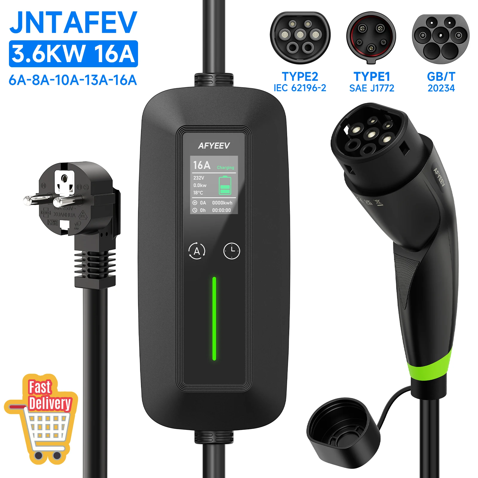 

JNTAFEV 16A 3.6KW Type2 IEC62196-2 Charger Portable/Wallbox EVSE GB/T Type1 SAE J1772 Electric Vehicle Charger for EV Cars