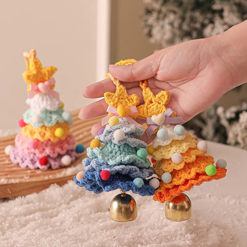 Hand Crochet Plush Christmas Tree Ornament Knitted Pendant With Star Bell Car Bag Charm Xmas Gift