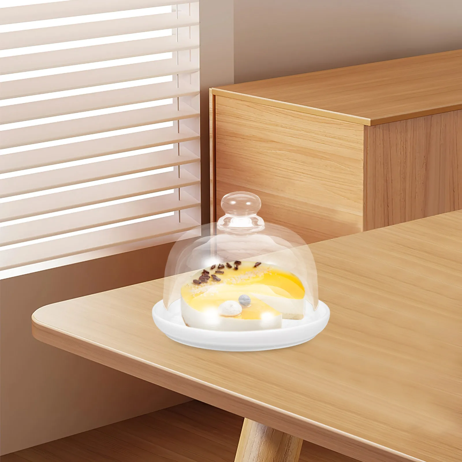 1Set Ceramic Cake Tray with Glass Cover Transparent Food Protector Dessert Display Dome Fresh Food Seal Insect Proof Kitchen - view 2