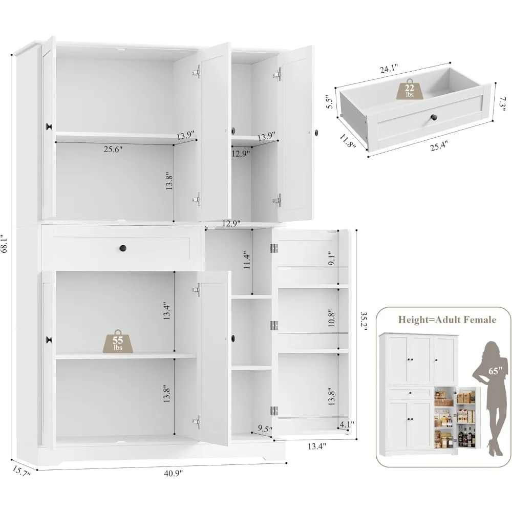 Armadietto portaoggetti per dispensa da cucina alto 68", armadio da cucina moderno con ante e ripiani, dispensa per alimenti indipendente con Lar