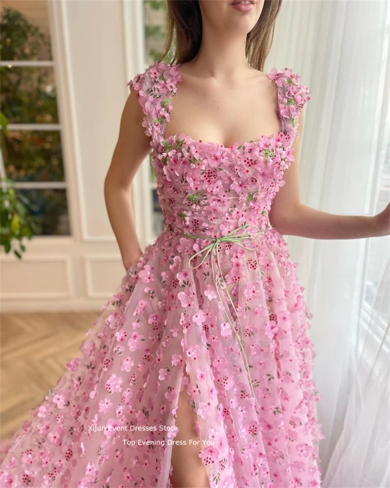 Xijun Tulle Pink Evening Dress 3D Flowers Prom Dresses Wedding Party Dresses Side Slit 2023 Fairy Prom Gowns A-Line For Women