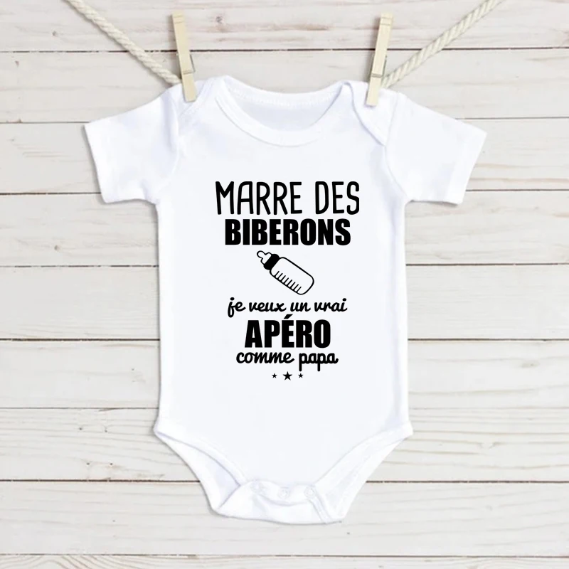 Cotton Baby Bodysuit Short Sleeve French Slogan Print Marre Des Biberons Je Veux Un Vrai Apéro Comme Papa Newborn Baby Onesie