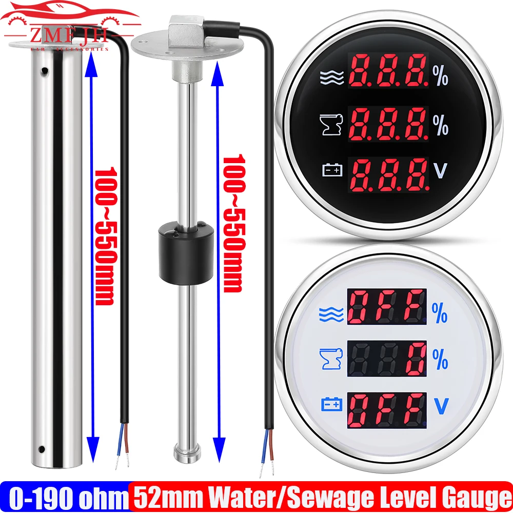 Digital 3IN1 Meter Car Boat Red 52mm Water Level Gauge/Sewage Level/Voltage with Alarm 0~190ohm Water/Waste Level Sensor Custom