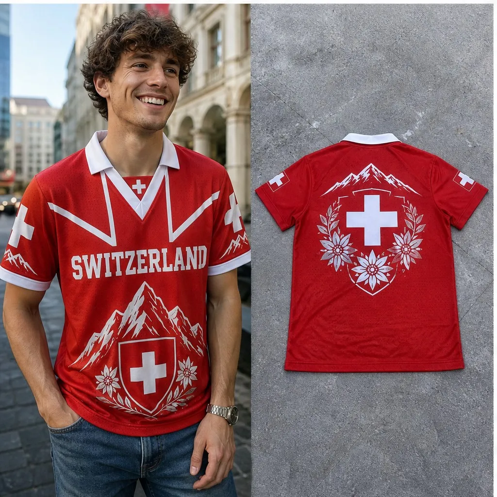 Mens Switzerland Shield Cross Floral Mountain Graphic Semi Polo V Neck T Shirt Short Sleeve Casual Alpine Jersey Top Daily Style