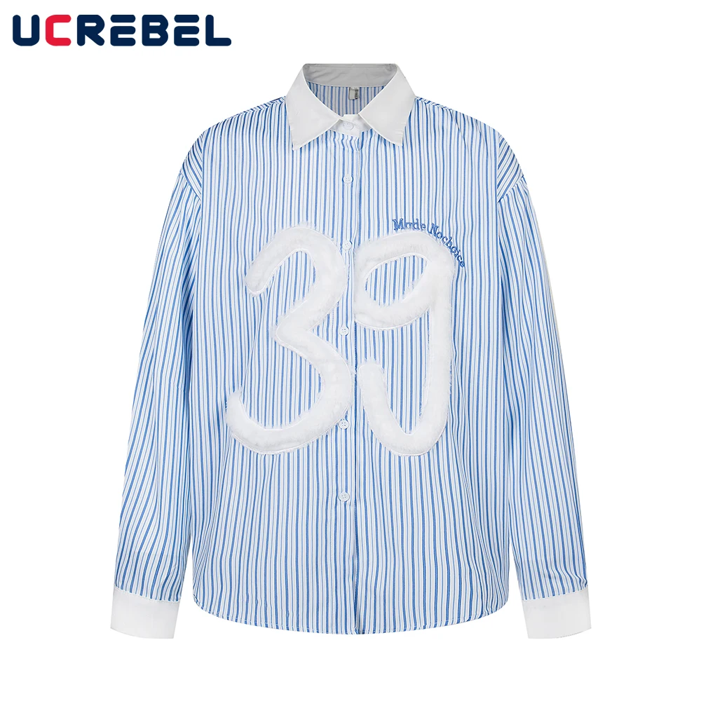 

Letter Embroidery Striped Long Sleeve Shirts Mens Spliced High Street Autumn Lapel Single Breasted Cotton Shirts Men