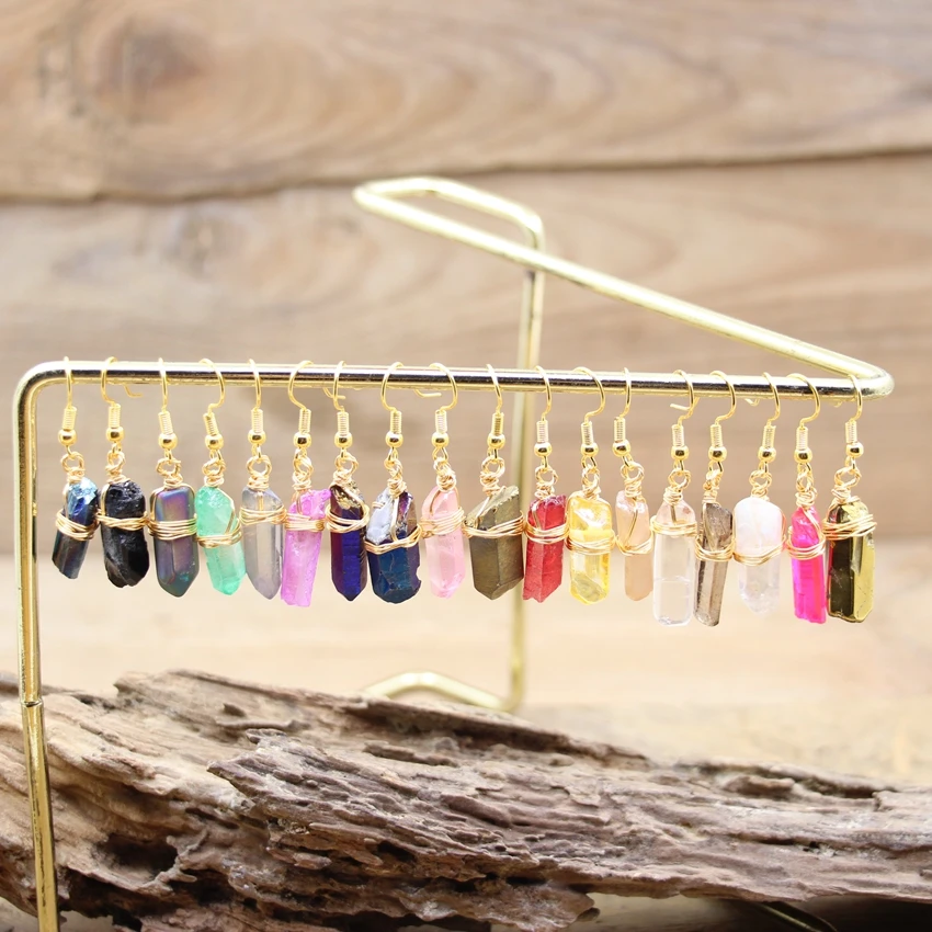 

Wire Wrap Raw Crystal Point Hook Earring Healing Titanium Quartz Stick Dangle Reiki Eardrop Women Summer Bohemian Jewelry QC7023