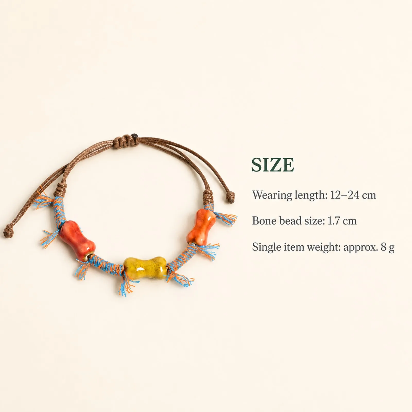 Handmade Ceramic Bone Bead Bracelet with Tri-Color Beads and Wax Cord Hand Woven Adjustable Jewelry Y260705-16