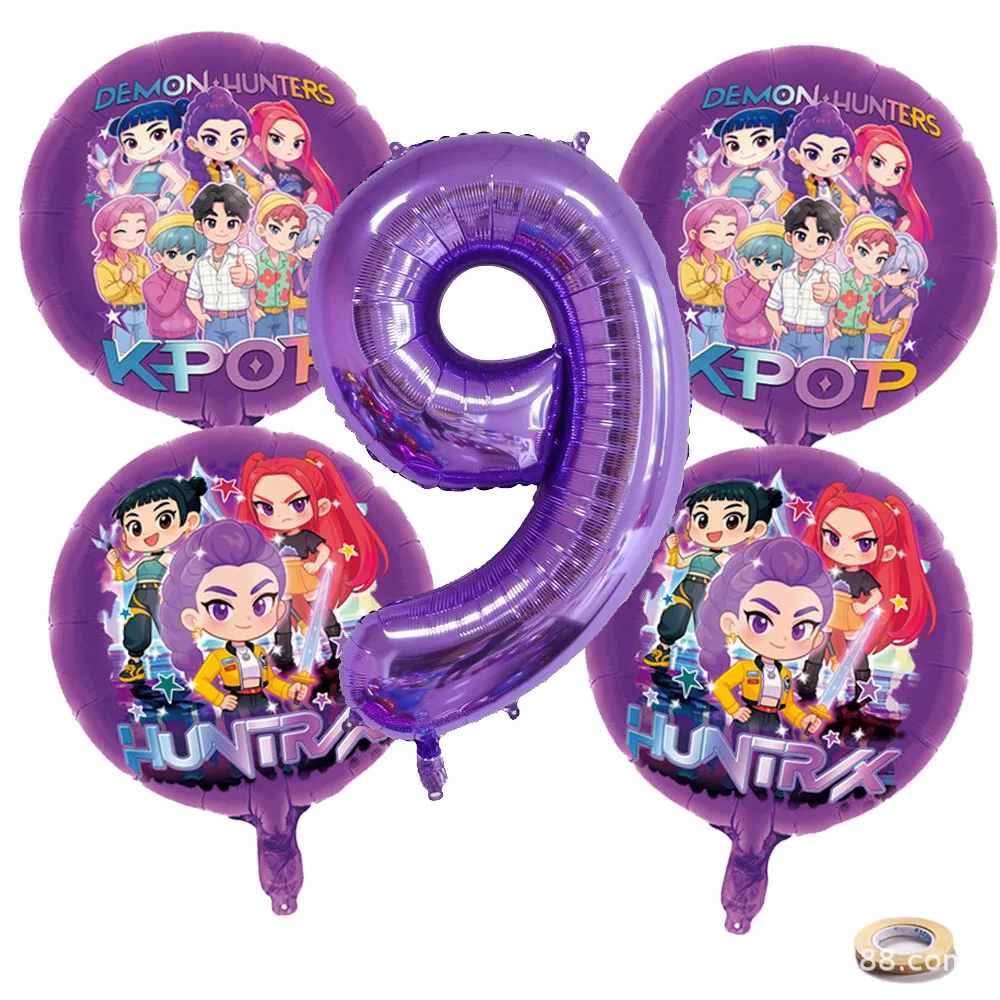 K P Foil Balloon Set Girl Group 1-9 Number Purple Star Balloons Character Cake Toppers for Birthday Party Photo Props image 6