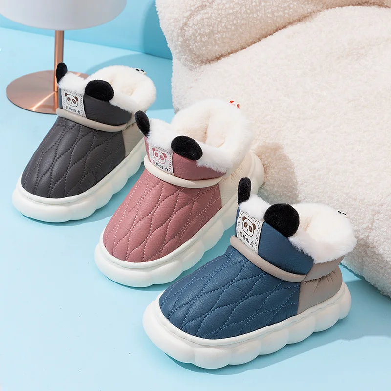 2025New Winter Concise Stripe Plush Slippers Children's Non-slip Soft Sole Kids Boys Girls Heel Wrap Warm High Home Cotton Shoes