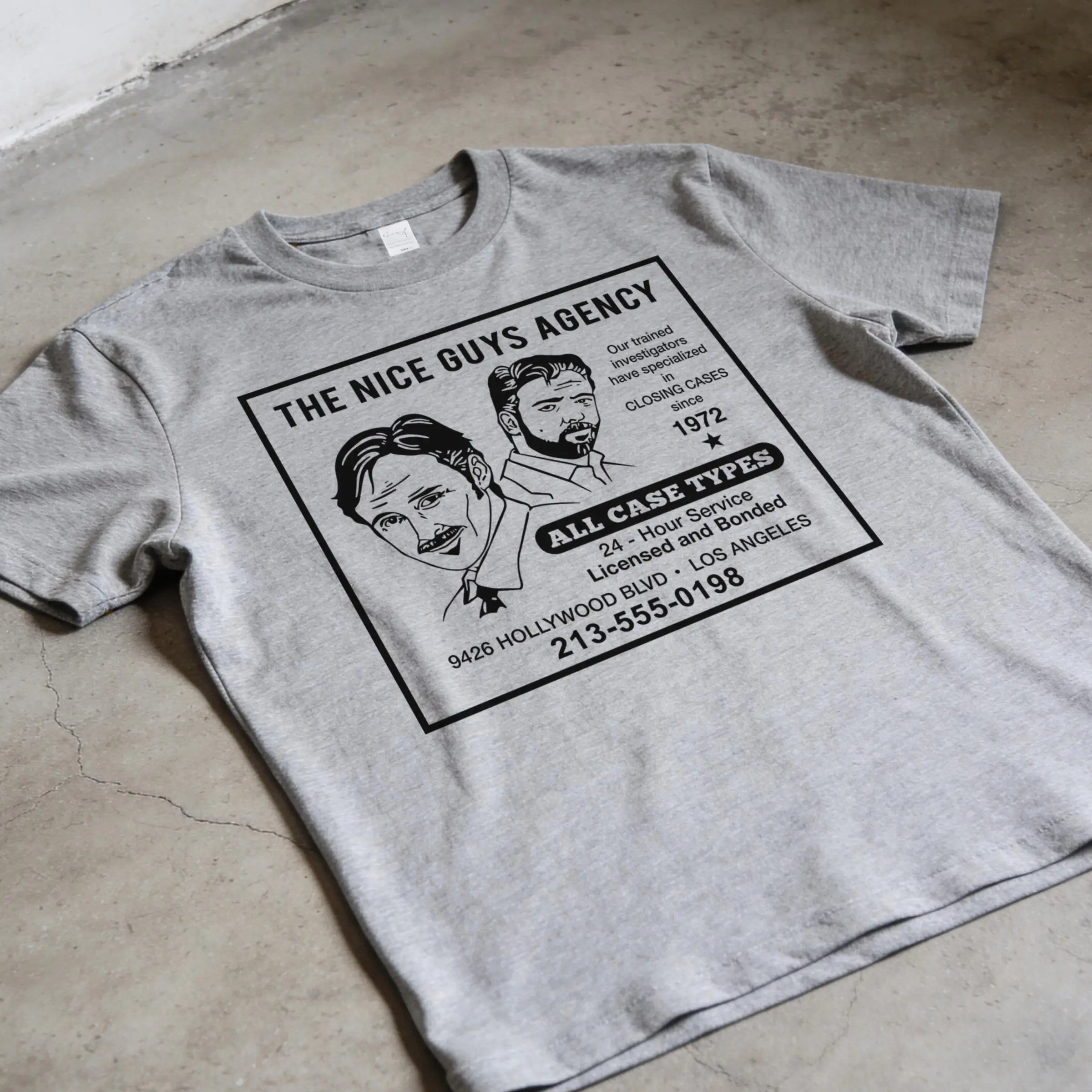 The Nice Guys Agency Vintage Print T-shirt, Retro Movie Graphic Tee for Film Fans Casual Streetwear Daily Outfit