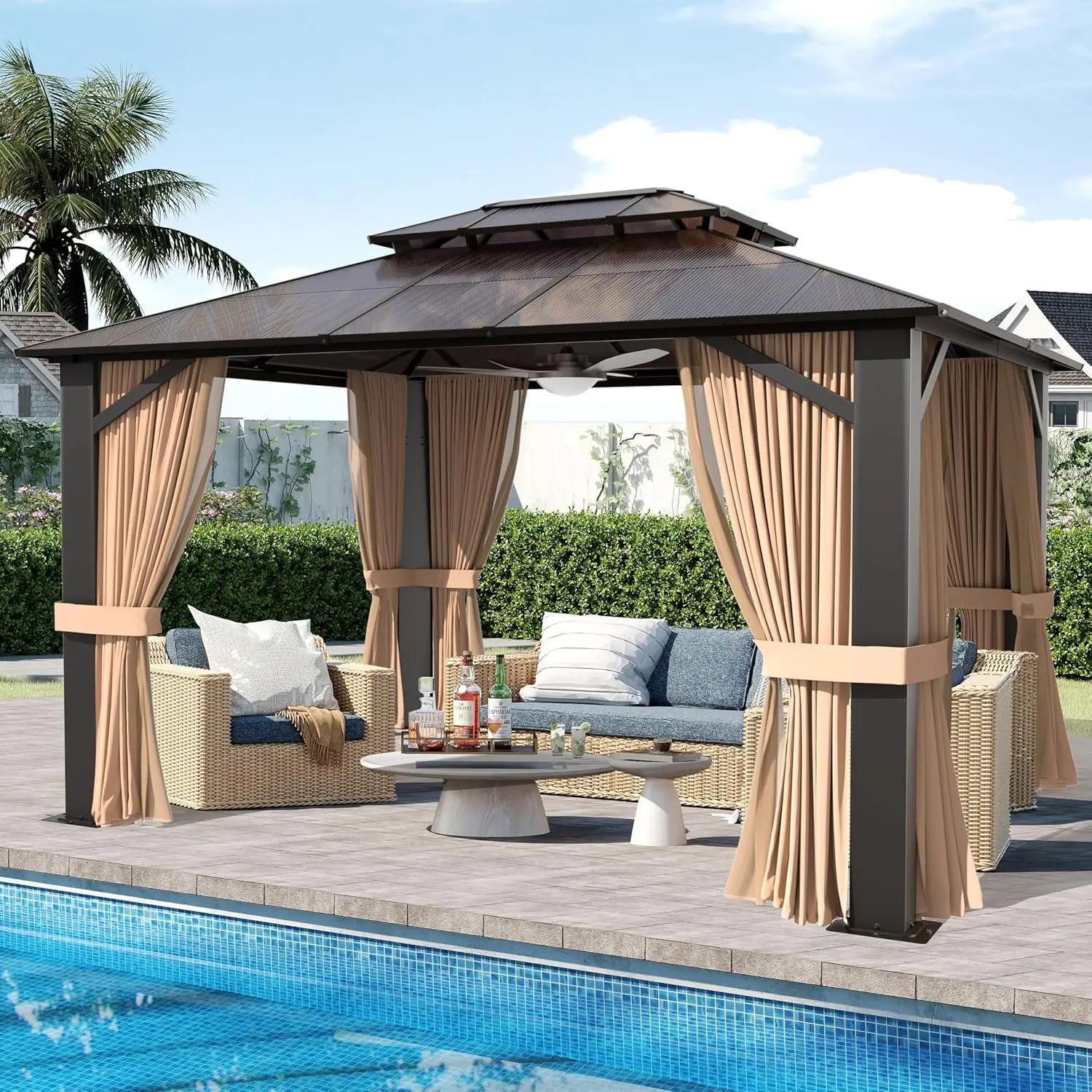 10x12 Hardtop Gazebo with Curtains & Netting, Double Roof Polycarbonate Canopy, Heavy-Duty Aluminum Frame Pergola for Patio