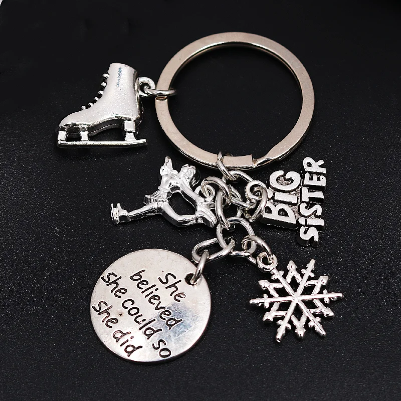 Girl Figure Skating Winter Sports Gifts Inspirational Metal Keyring DIY Charm Big/Litter Sister Skates Snowflake Keychain P72