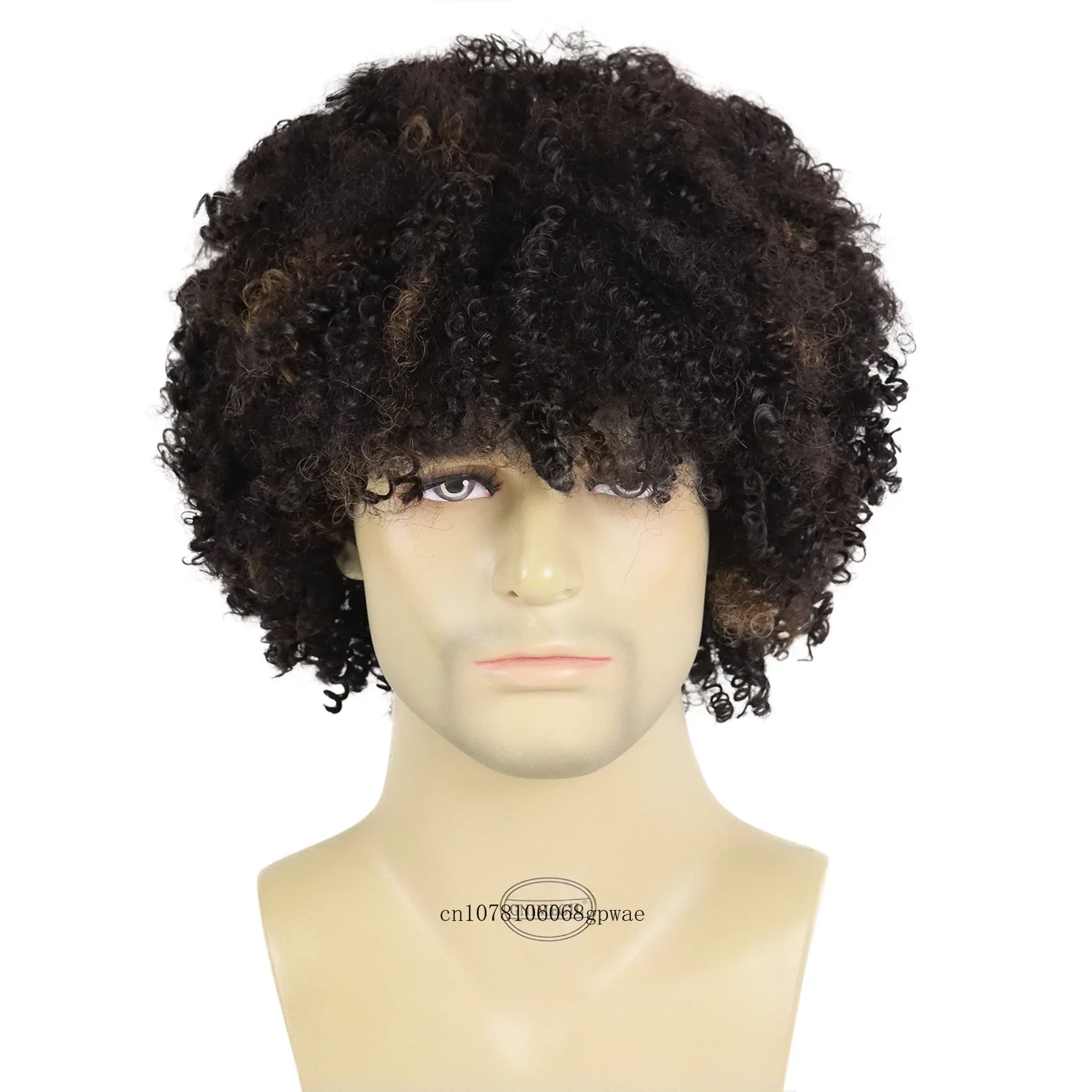 Synthetic Short Mix Brown Wig for Black Men Afro Kinky Curly Wigs with Bangs Fluffy Bouncy Curls Hair Rocker Wig Daily Cosplay