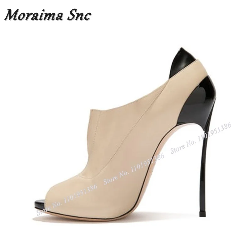 

Moraima Snc Slip on Peep Toe Metal Heel Boots Pumps For Women Cut Out Stilettos Heels Patchwork New Sandals Zapatillas Mujer