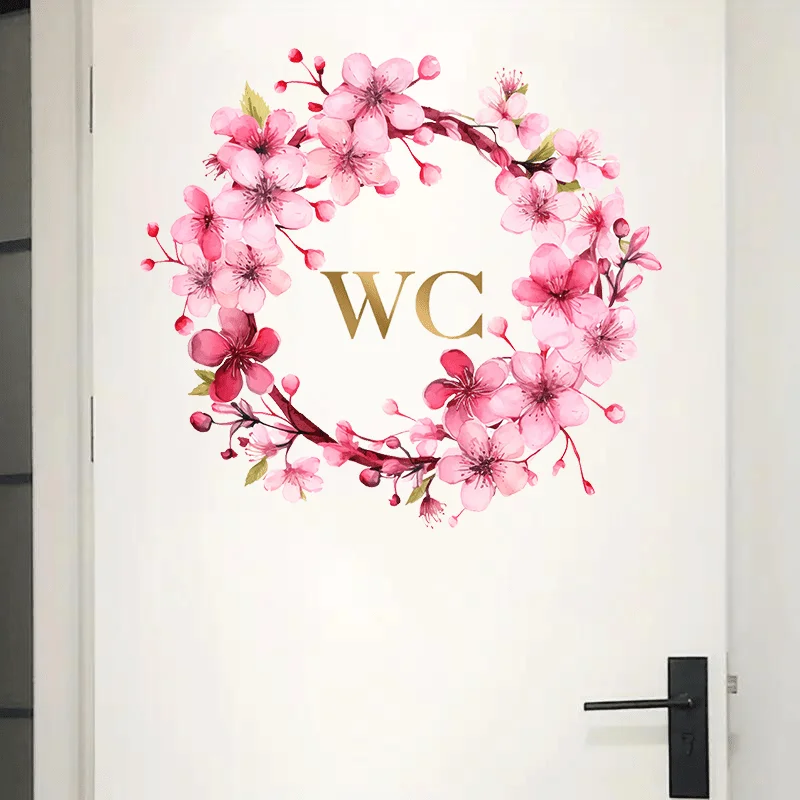 1Pc Soft Pink Cherry Blossom, Gold Letter Wc Toilet Wall Sticker, Self-Adhesive Pvc Decorative Sticker, Suitable for Toilet Seats, Bathroom Glass, Cabinets, Doors and Windows, and Wall Decals, Fun Stickers That Are Both Beautiful and Practical, Easily Create a Warm and Fun Space, a Creative and Thoughtful Gift for Family, Friends, and Loved Ones