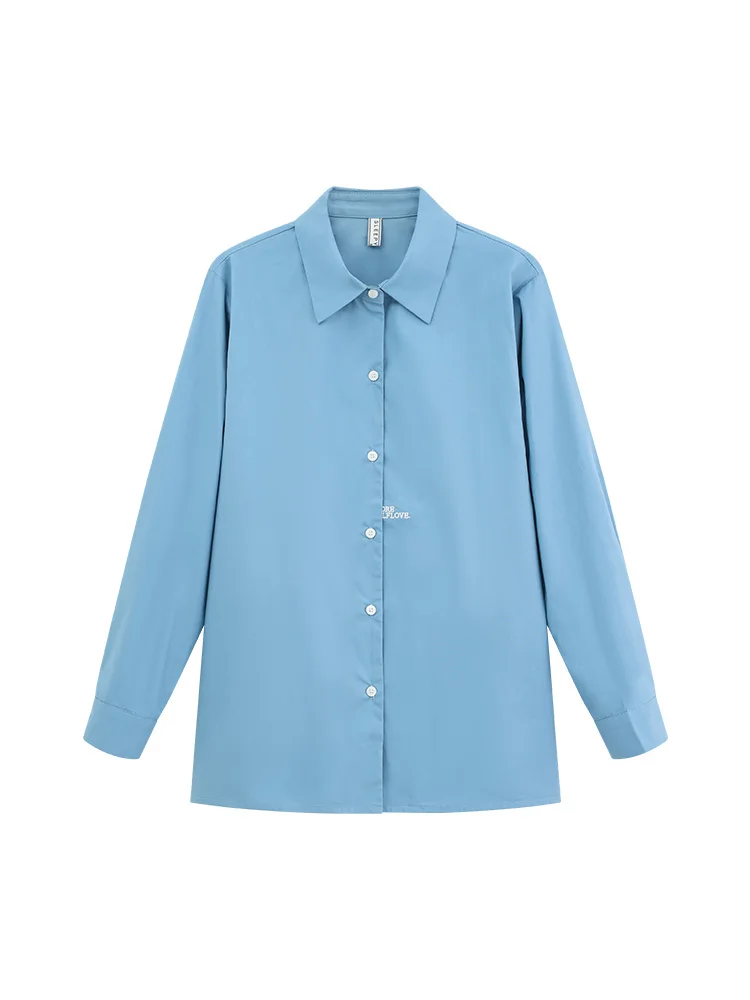 Women's Long Sleeve Blue Shirt Casual Loose Fit Spring Lightweight Button Down Top Layering Jacket Relaxed Fit Office Outerwear