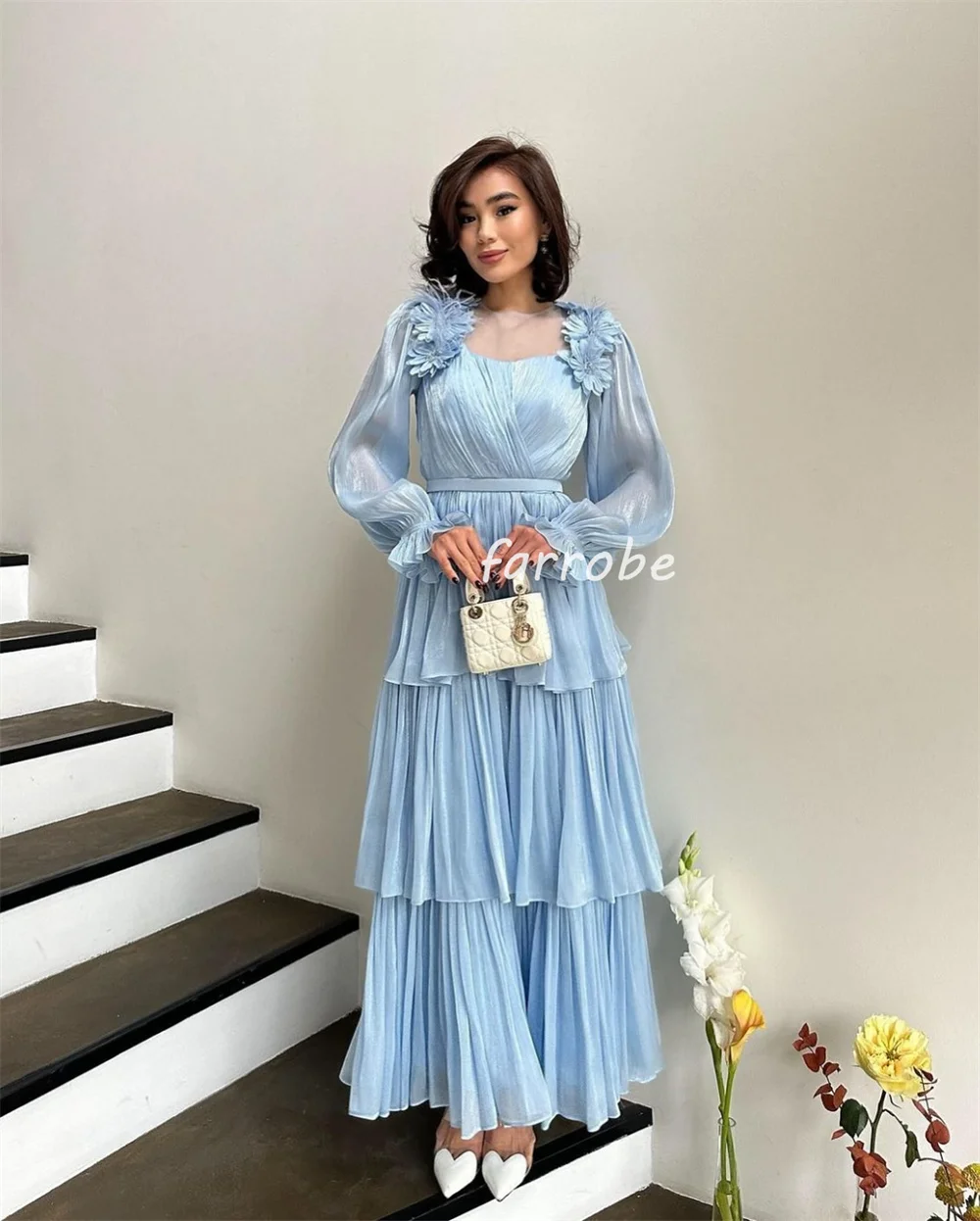 Customized Matching Exquisite Chiffon Tiered Handmade Flower A-line Square Neck Midi Dresses Bespoke Occasion Dresses Simple