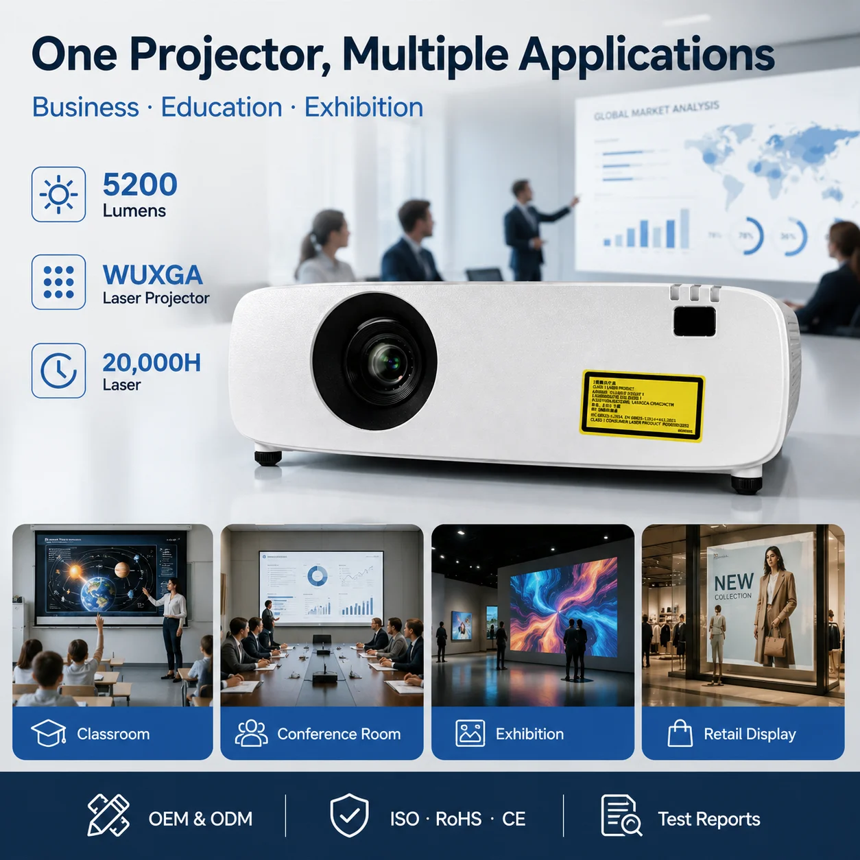 5200 Lumens Business Laser Projector WUXGA with LAN RS232 Control and HDMI Dual Input