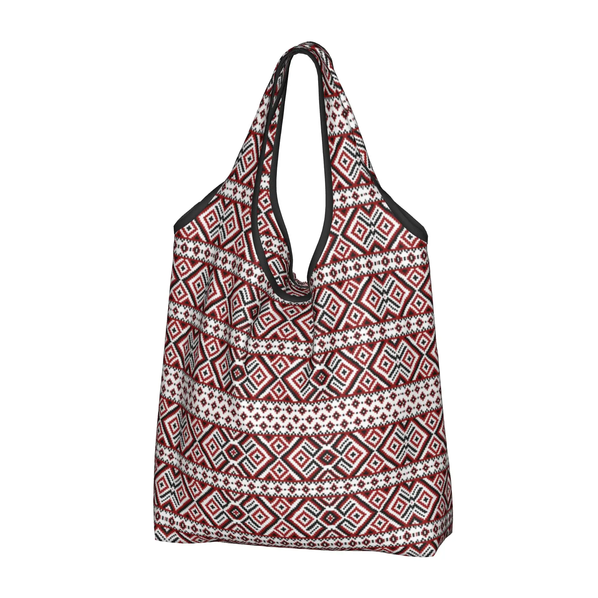 Funny Ukraine Ukrainian Embroidery Red and Black Shopping Tote Bag Portable Bohemian Geometric Groceries Shopper Shoulder Bag
