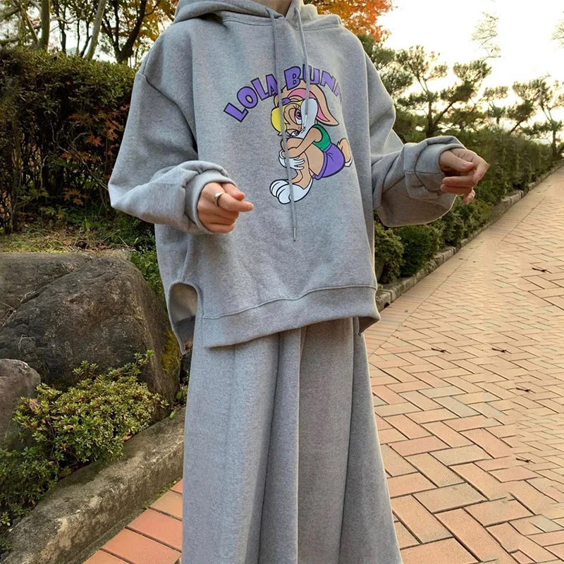 Conjunto de dos piezas de moda para mujer Liangliang: suda con capucha de forro polar con estampado de dibujos animados a...