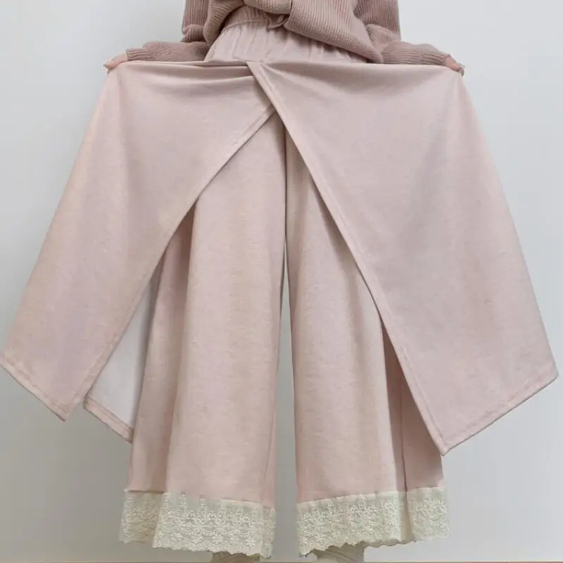 

Брюки с кружевной лоскутной юбкой для женщин на осень и зиму, повседневные каникулы, две широкие брюки с высокой талией и расслабленным стилем.