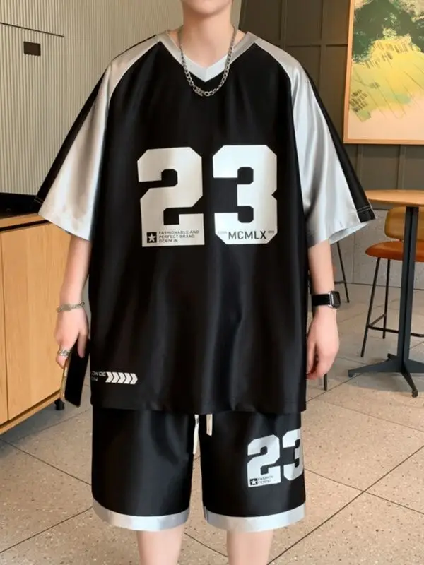 Summer glossy teenagers boy 2 pieces set Short sleeve loose basketball plus size tank top shorts