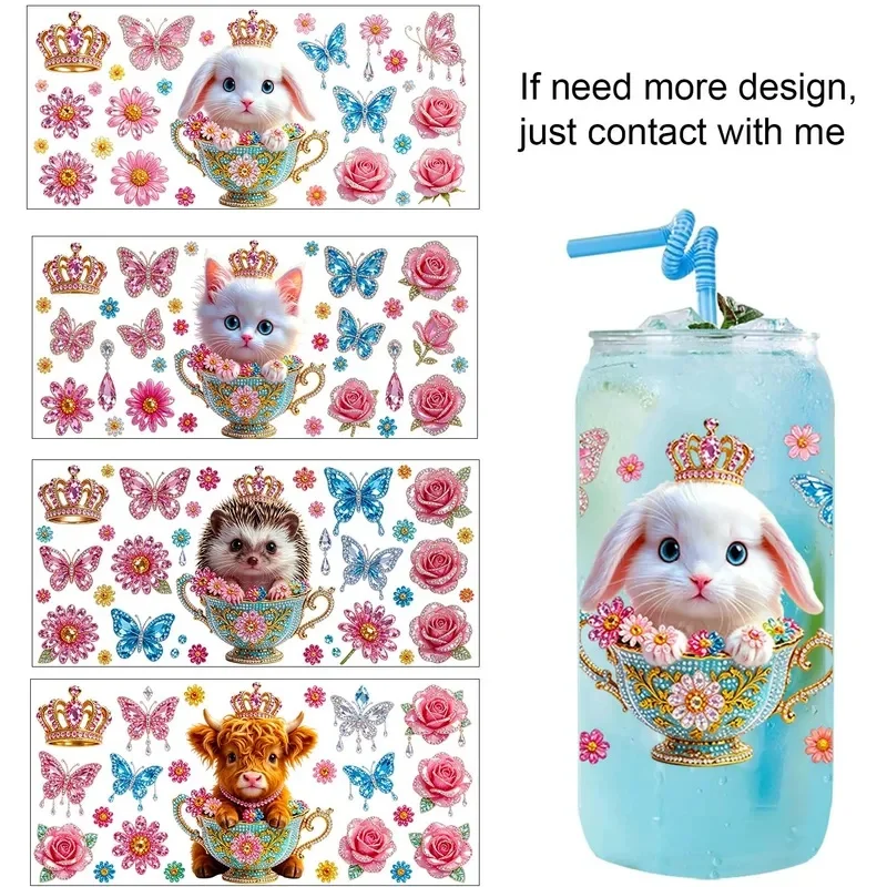Cute Teacup Animal 16oz Rub On UV DTF Transfer Sticker Waterproof DIY Decals 3D Transfers UVDTF Sticker 16oz UV DTF Cup Wraps