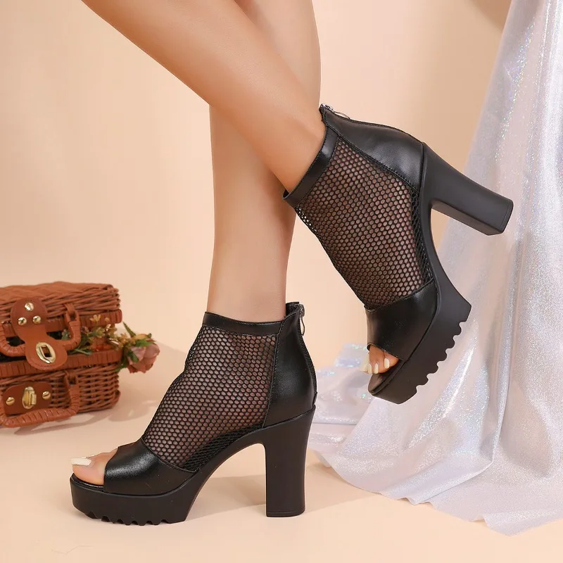 صيف جديد انقطاع الصنادل الرومانية النساء منصة الكعوب فم السمكة الأحذية كتلة كعب منصة شبكة الأحذية الباردة